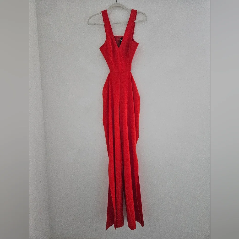 NBD × NAVEN Tiffany Fire Engine Red One-piece Cut Out Split Leg Jumpsuit - Picture 3 of 12